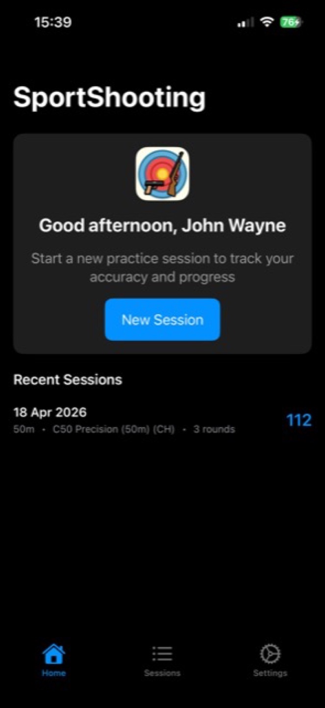 Home screen with recent sessions