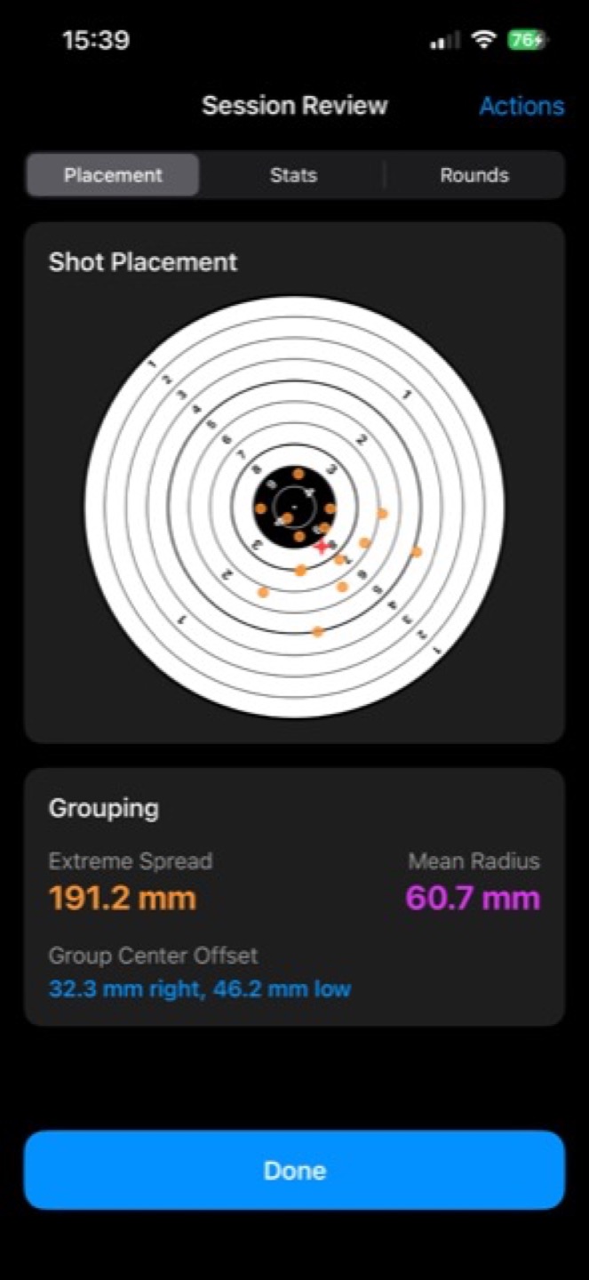 Session review screen with shot placement and stats